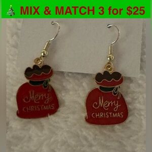 CE10 - Santa’s Sack of Presents Gifts Merry Christmas Earrings, Gold-tone, Red